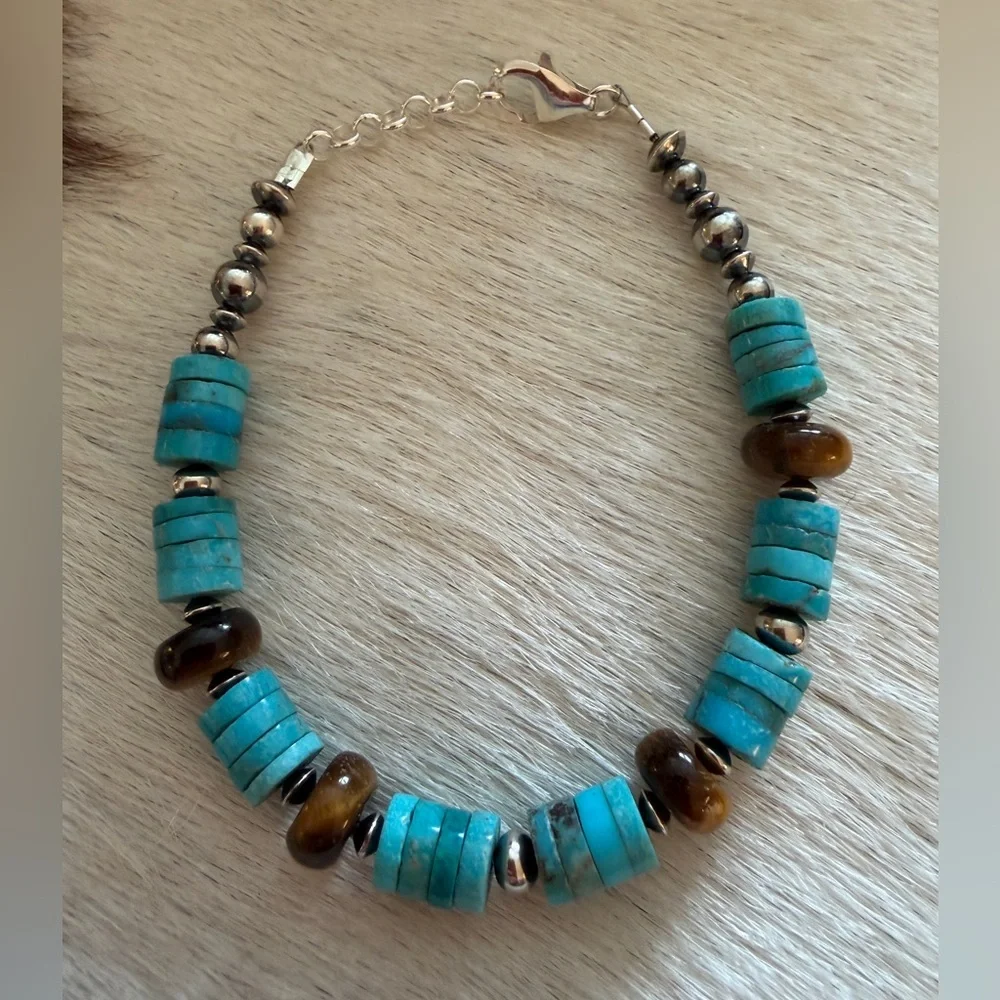 ❤️ 925 Desert Pearl Saucers Kingman Blue Turquoise Tigers Eye Bracelet 6.75+75”L